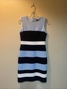 Tommy Hilfiger Sleeveless Light Blue, Black & White Striped Midi Dress